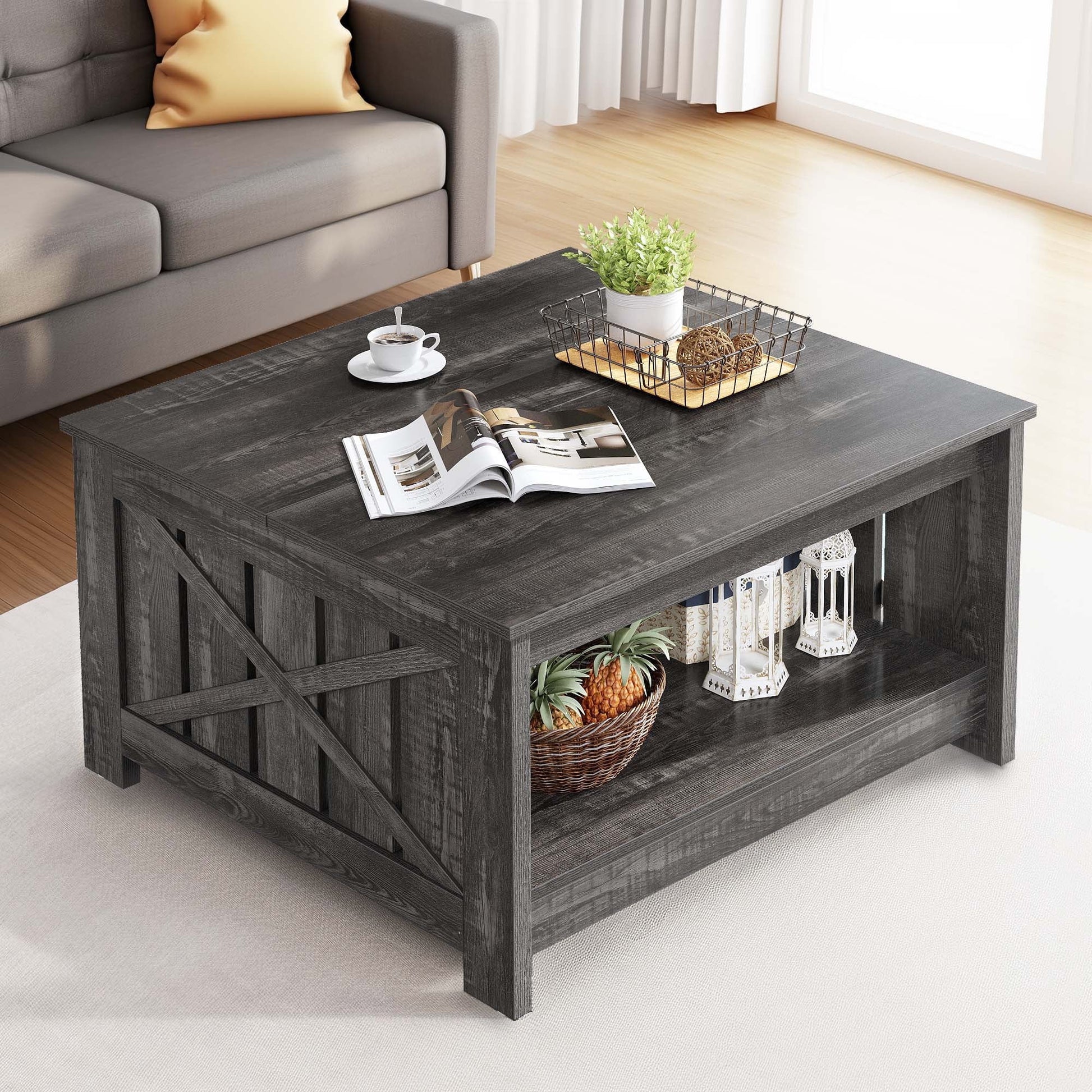 Square Coffee Table, Farmhouse Coffee Table with Half Open Storage Compartment, Brown&White