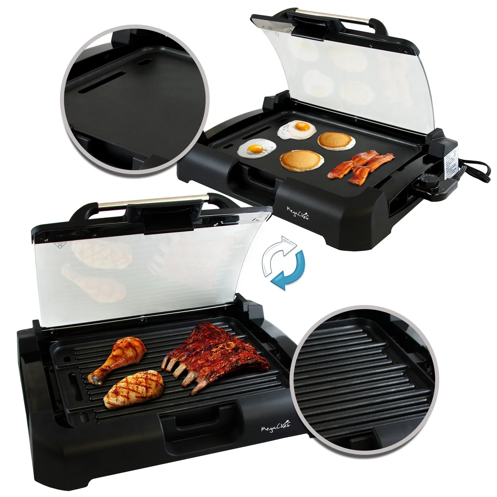 Reversible Indoor Grill and Griddle with Removable Glass Lid