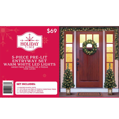 5-Piece Prelit Artificial Christmas Tree Entryway Set with Warm White LED Lights, by